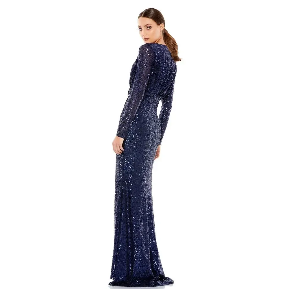 Mac Duggal‎ 26490 Midnight Blue Sequined Long Sleeve V-Neck Cocktail Gown